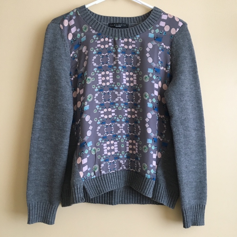 Gray Sweater, Jewels in Watercolor Pattern, Mixed Material, Sanctuary, XS